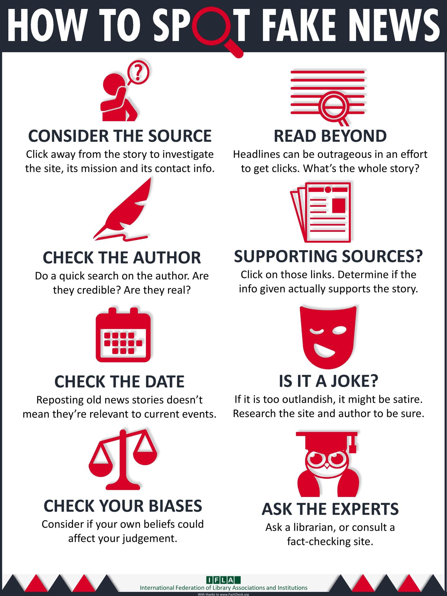how to spot fake news: consider the source, check the author, date, your biases, read beyond, supporting sources?, is it a joke?, ask the experts
